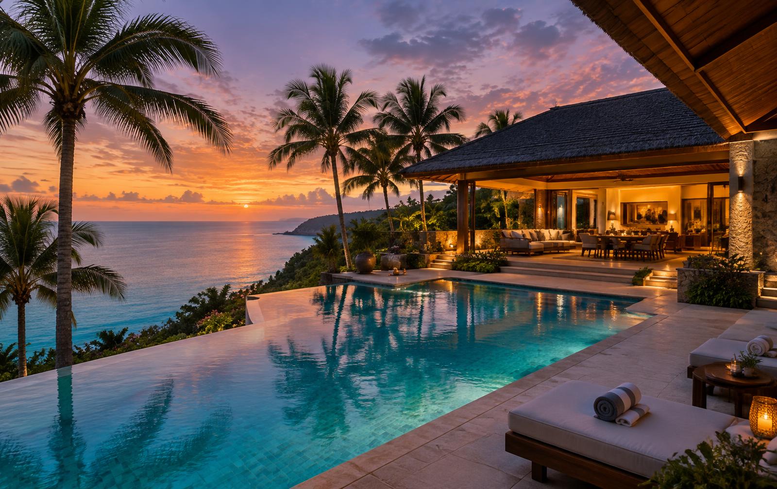 Luxury villa resort pool at dusk